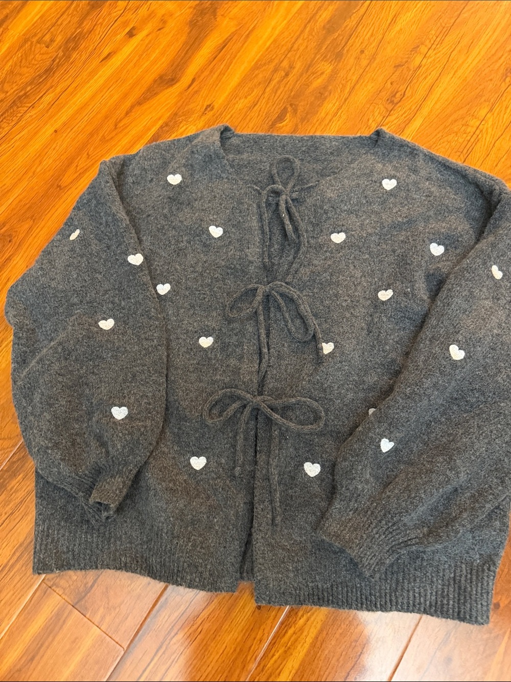 Gray Heart-Print Tie-Front Women's Sweater
